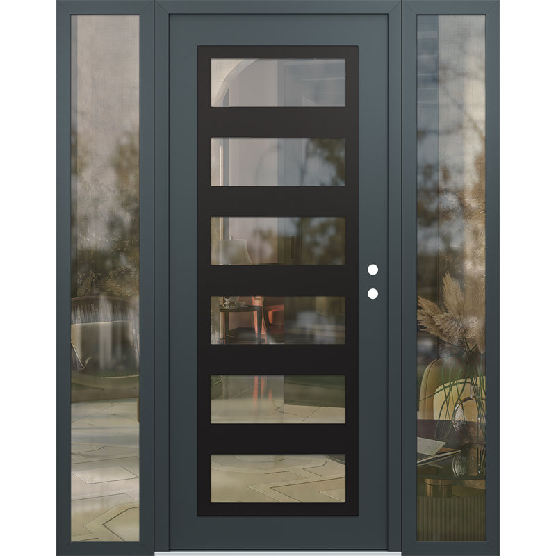 C9 à gauche 60 po X 80 po Panneau d'entrée en verre noir anthracite et anthracite à panneau avec 2 portes d'entrée en verre pré-montées