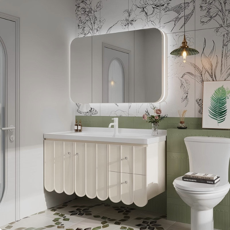 Meuble-lavabo autoportant en bois d'hévéa blanc massif 35,83 po avec armoire à miroir, 36"