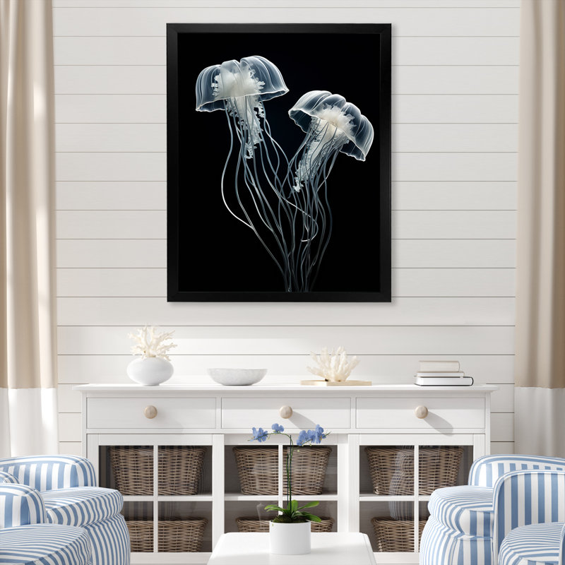 Impression sur toile «Black and White Jellyfish Luminous Drifters I» - Plage et océan, Cadre simple noir