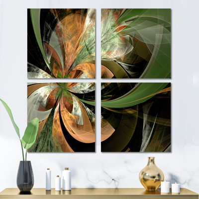 Orange et vert grande fleur fractale - ensemble de 4 reproductions d'art sur toile florales