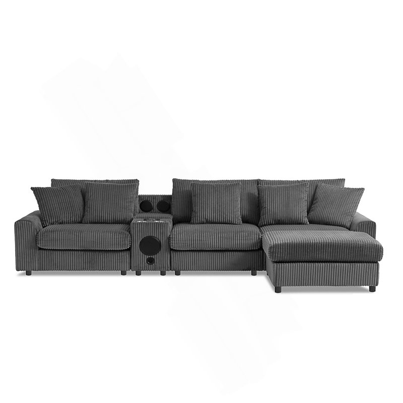 Canapé modulaire de 112 po x 64 po avec haut-parleurs Bluetooth, canapé en L avec console, chargeur USB, porte-gobelets, rangement, repose-pieds, canapé à sièges profonds et larges
