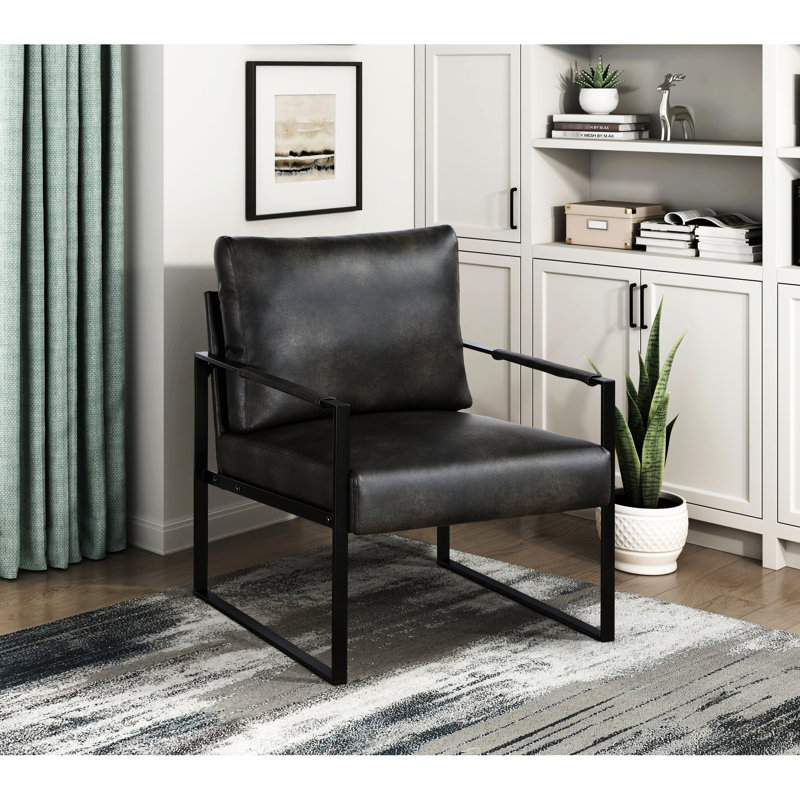 Fauteuil d'appoint de bureau confortable avec similicuir gris foncé et structure en métal noir moderne, Gris foncé