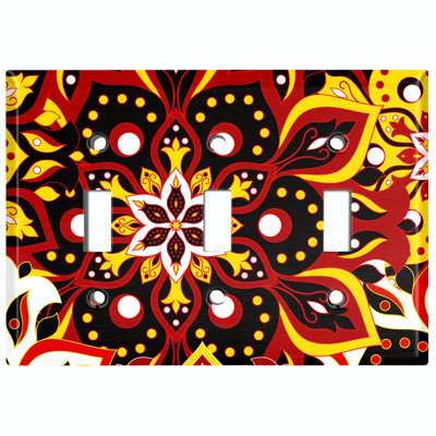 Red Black Mandala Flowers Tile Patterned 3 - Gang Toggle Light Switch Standard Wall Plate