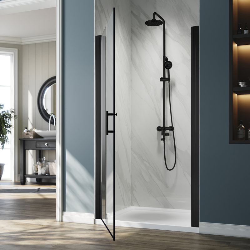 FPivot 26" W x 72" H Pivot Semi-Fameless Shower Door with 1/4'' Tempered Clear Glass, Matte Black