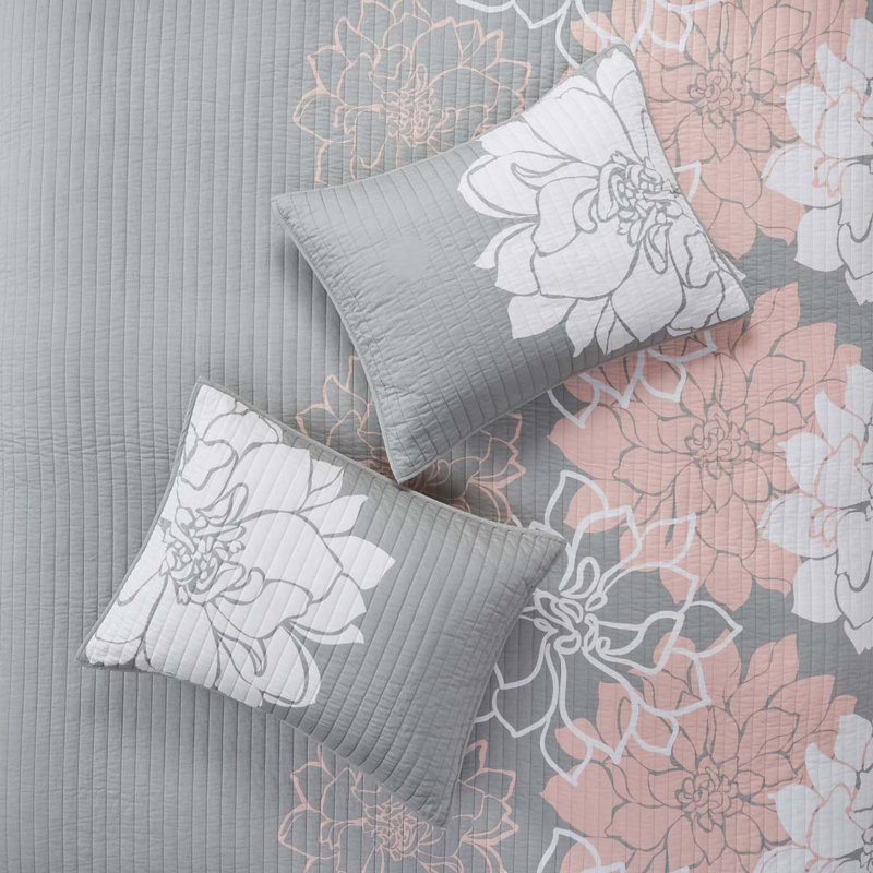 Ensemble de courtepointe en coton imprimé 6 pièces avec coussins décoratifs gris / pêche