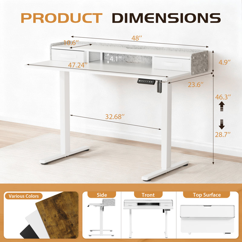 Electric Adjustable Height Standing Desk Computer Table With Drawers, White/White, 46.3" H x 55.9" W x 23.6" D