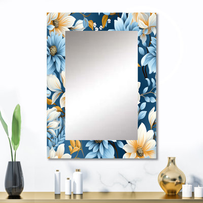 Asmin jaune et bleu ferme motif de fleurs - miroir unique floral, grand miroir mural floral, impression d'art en métal