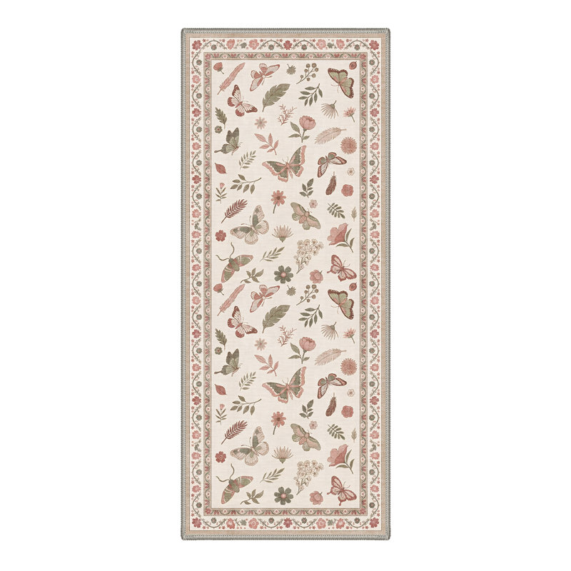 Adonis Seraph Floral Machine Washable Beige / Green / Pink Indoor Area Rug with Non-Slip Backing, Runner 2' x 7'