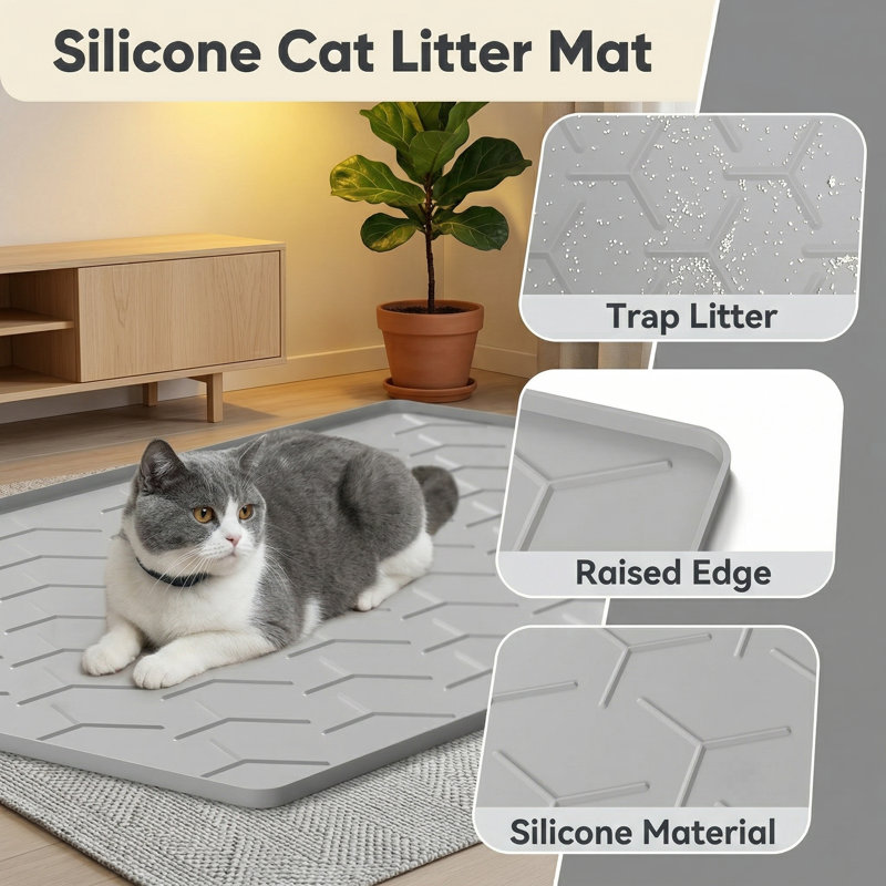 Grand tapis de litière pour chat, 34 po x 22 po, tapis de sol en silicone imperméable pour litière pour chat, gris