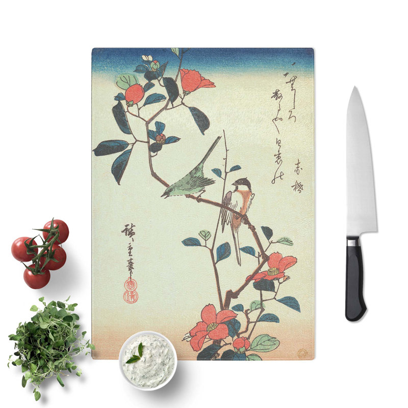 Tempered Glass Birds upon a Camellia Branch Chopping Board, 28.5 cm W x 39 cm L