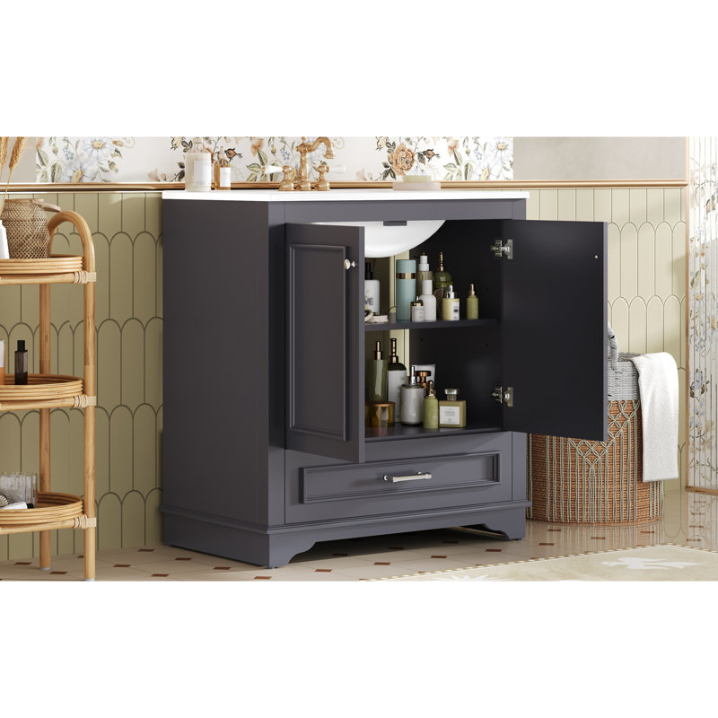 Meuble-lavabo de 30 pouces avec lavabo en céramique, cadre en bois massif et 2 portes à fermeture douce pour un rangement élégant
