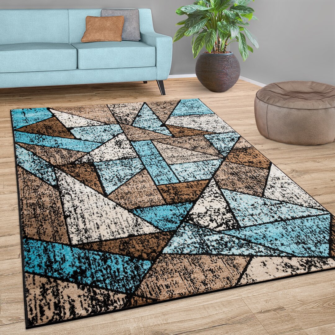 Teppich Wohnzimmer Geometrisches Muster Kurzflor Modern In Blau Beige Braun