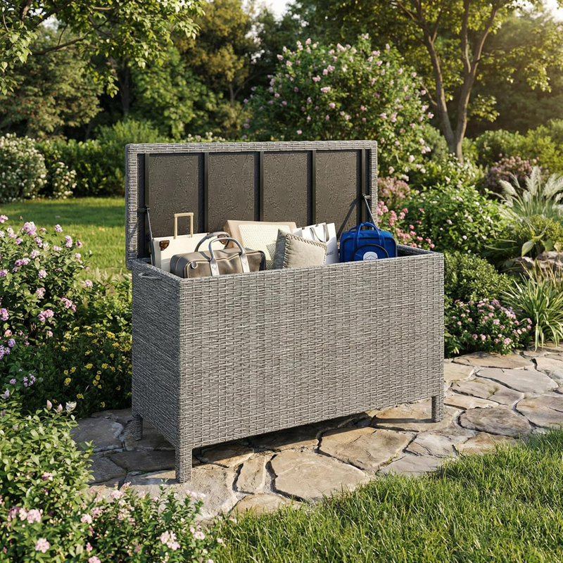 Outdoor Wicker Storage Box, PE Rattan Patio Storage Chest with Steel Frame, Weather-Resistant Deck Storage Box for Cushions, Garden Tools & Pool Accessories
