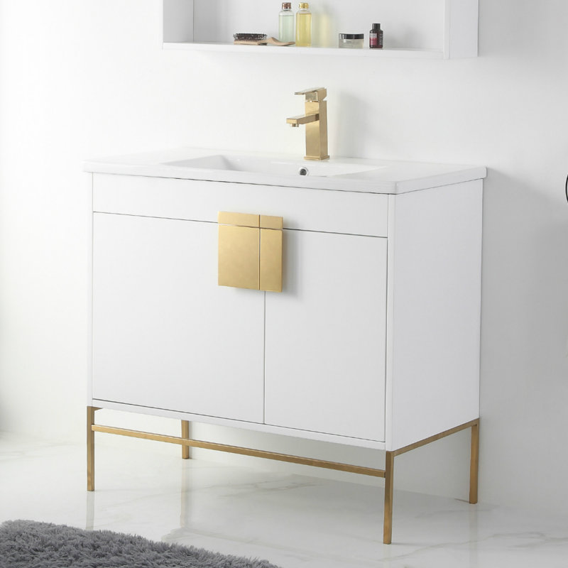 Ensemble de meuble-lavabo simple 36 po Maisie, Peint blanc mat, Laiton satiné