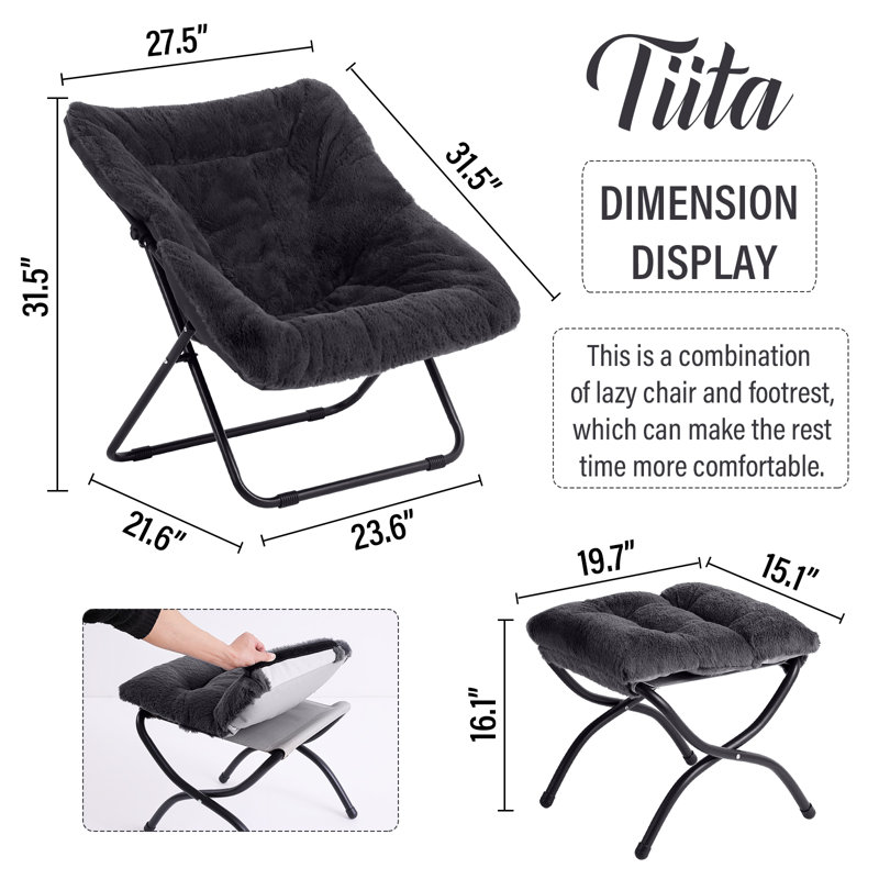 Saucer Chair with Ottoman, Soft Faux Fur Oversized Folding Accent Chair, Black Polyester Blend