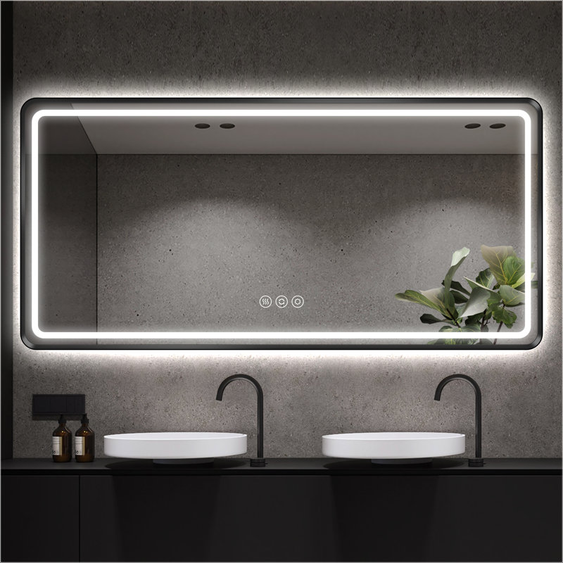 Miroir de salle de bain à DEL avant et rétroéclairé, Noir, 36 po x 60 po