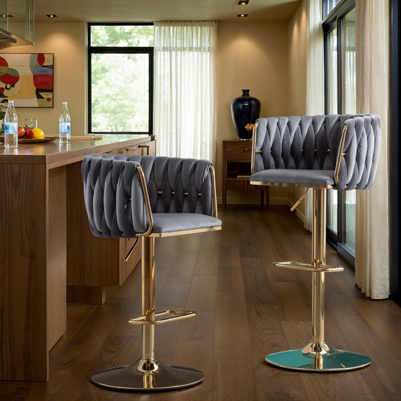 Set of 2 Velvet Upholstery Bar Stools – Chrome Footrest, Swivel, Height Adjustable Design for Kitchen or Bar, Gray