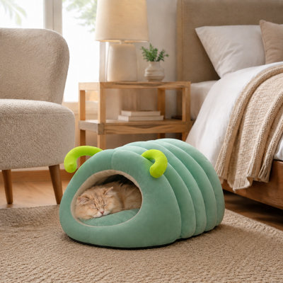 Caterpillar Shaped Semi-Enclosed Cat Bed – Soft Plush Pet Cave with Removable Cushion, 360° Windproof & Warm, Non-Slip Bottom, for Cats & Small Dogs (19.7" / 23.6",Green)