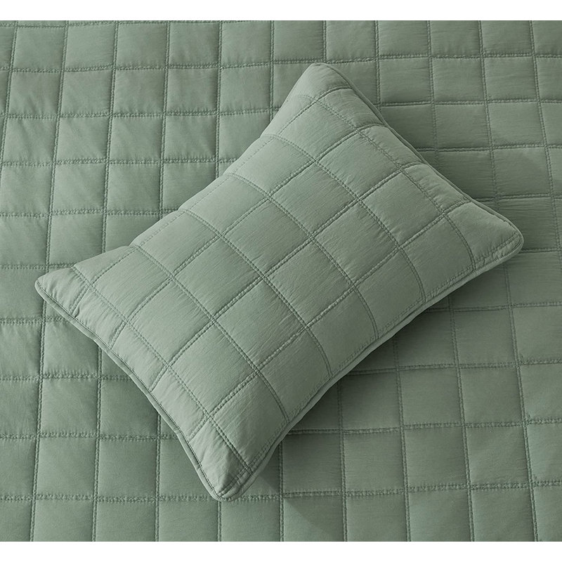 Square Stitch Embroidered Microfiber Quilt Set, Queen Quilt + 2 Standard Shams, Sage