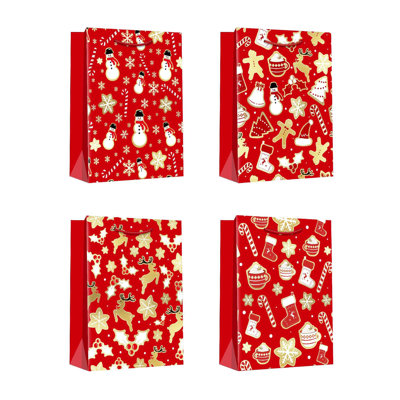 Christmas Gift Bags Red & Gold Festive Icons Assorted Large- Set of 12