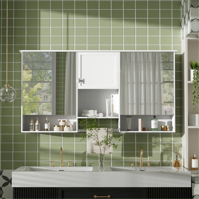 55 Inch Wall-Mount 3-In-1 Mirror Cabinet With Adjustable Shelf, Soft-Closing Hinges, High-Quality Mdf, For Bathroom Vanity, Living Room, Bedroom Storage Organizer