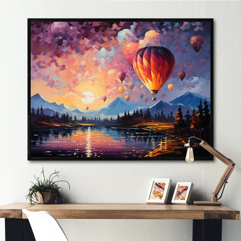 «Expressionist Balloon Flight» sur toile, Cadre flottant noir, H 30 po x l 40 po x P 1,5 po