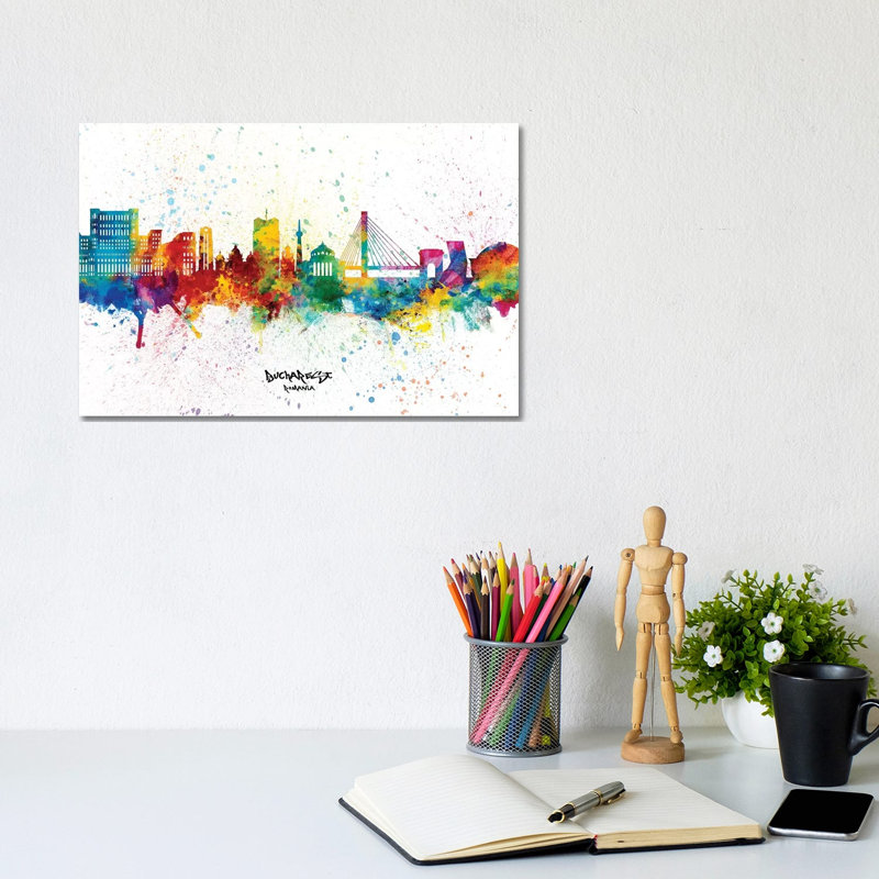 Bucharest Romania Skyline Splash by Michael Tompsett - Wrapped Canvas Gallery-Wrapped Canvas Giclée, 20.32 cm H x 30.48 cm W