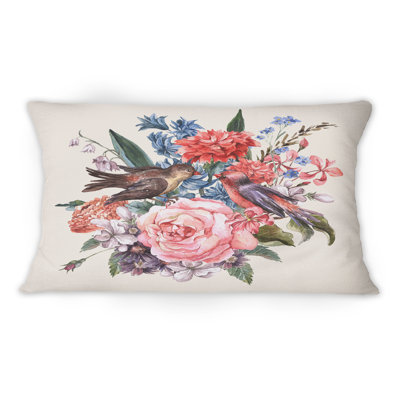Floral Bouquet With Roses Hyacinths And Birds -1 Traditional Printed Throw Pillow