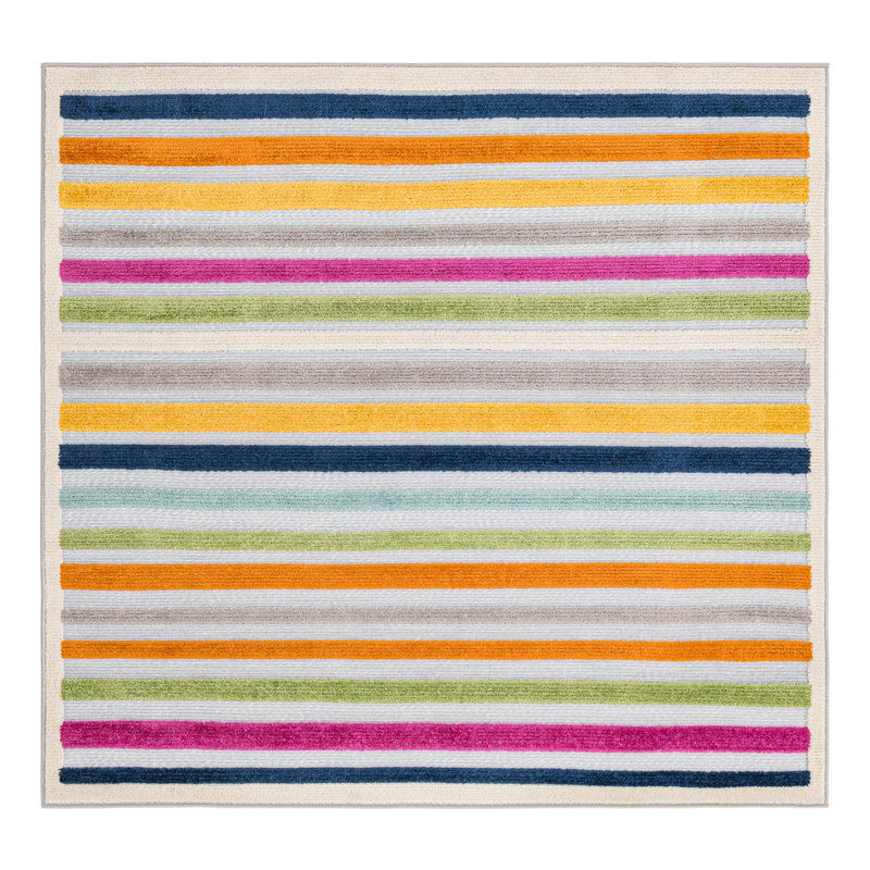 Tapis rayé gris / bleu intérieur / extérieur, Carré 5 pi 3 po