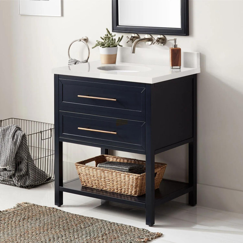 30" Robertson Single Bathroom Vanity Set with Oval Undermount Sink, 8" Widespread, Arctic White Quartz, Midnight Navy Blue