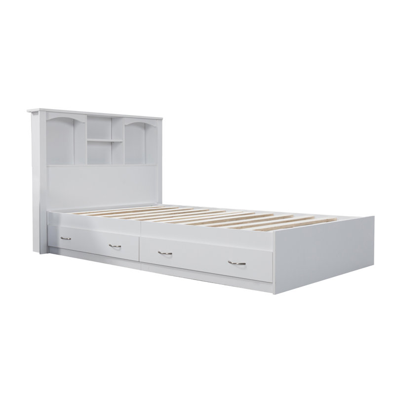 Twin Headboard and Platform Bed with Drawers, White