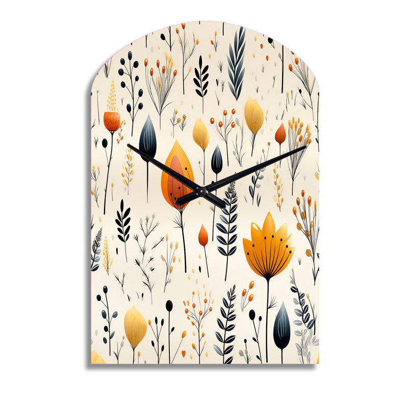 Nordique ivoire et charme floral beige - horloge murale asymétrique florale en métal, impression d'horloge murale orange