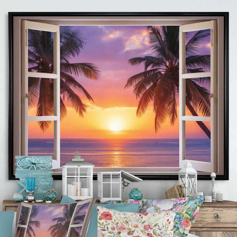 «Tropical Ocean Sunset Through Open White Window», reproduction sur toile côtière, Cadre flottant noir