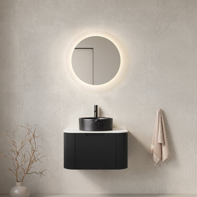 Meuble-lavabo de 24 po avec lavabo, meuble de rangement rayé à bords arrondis avec tiroir, lavabo rond en céramique noir et plateau en pierre frittée blanc de Carrare, pré-assemblé