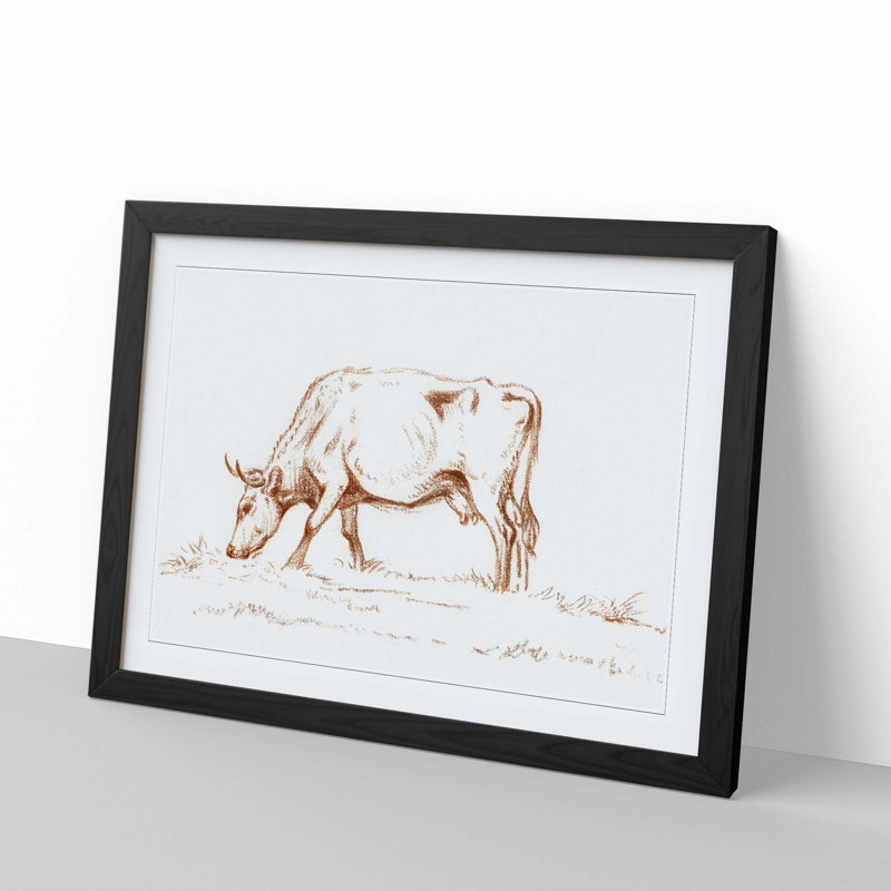 Grazing Cow by Jean Bernard - Picture Frame Drawing Print, 27cm H x 36cm W x 2cm D, Black Framed