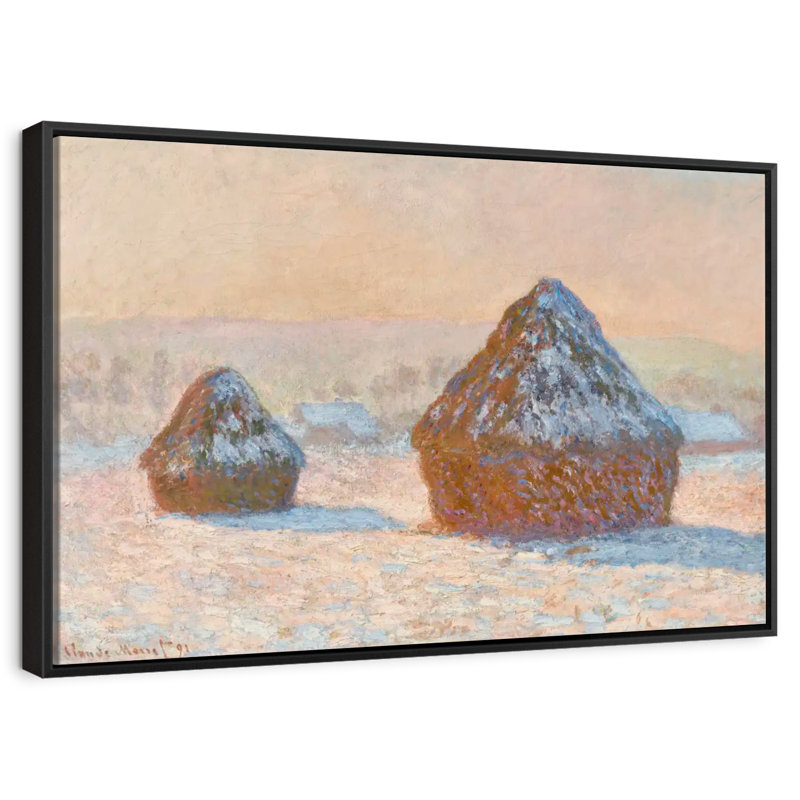 Wheatstacks Snow Effect Morning 1891, Floating Frame Black, 40" X 27"