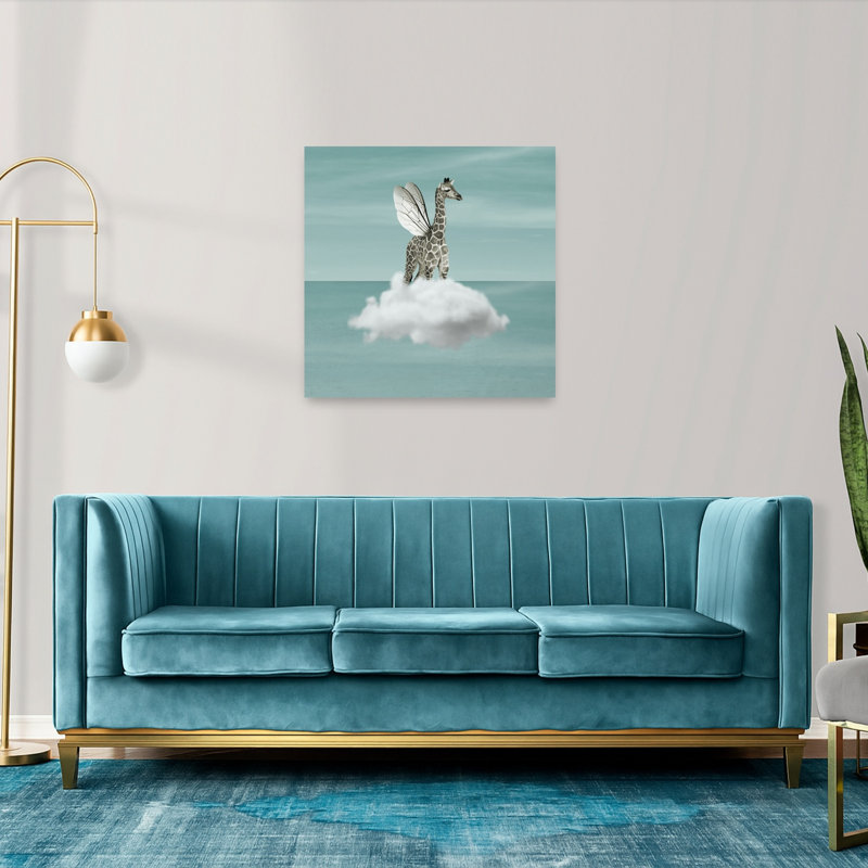 «Whimsical Flying Giraffe Peaceful Serene surreal Giraffe Landscape Nature», reproduction d'art murale, H 36 po x l 36 po