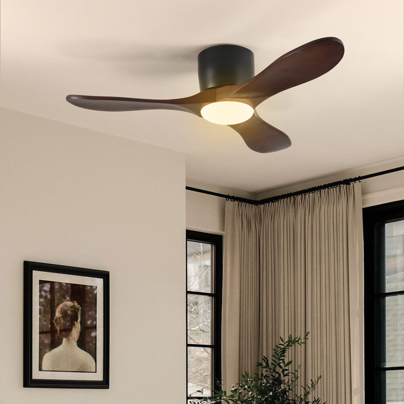 42" Ceiling Fan With Lights Remote Control, Low Profile Ceiling Fan With 3 Walnut Wood Blades, Reversible,Dimmable, Flush Mount Ceiling Fans For Living Room Kitchen Bedroom(Black+Walnut)