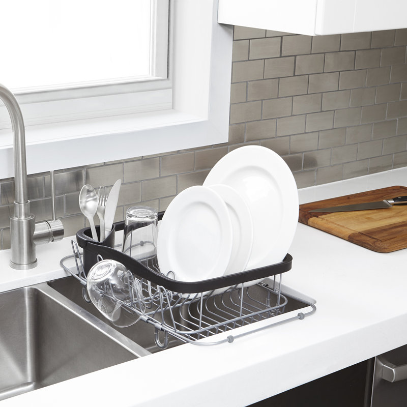 Black and Nickel Metal Dish Rack with Utensil Cup