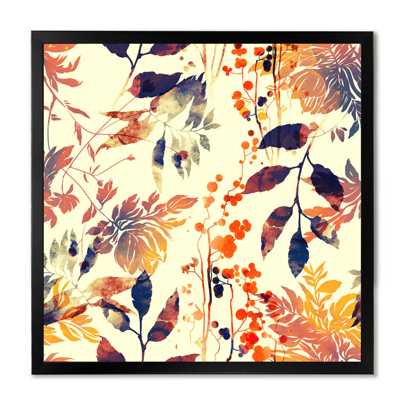 Fleurs et feuilles abstraites en jaune rétro - Impression sur toile, H 30 po x l 30 po x P 1 po, Cadre photo noir