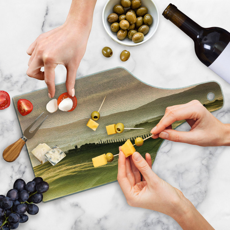 Ambesonne Ambesonne Italy Tempered Glass Cutting Board Trees Meadows Countryside Green Beige