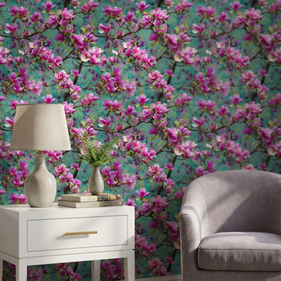 Papier peint floral Fleurs roses, abstrait mural
