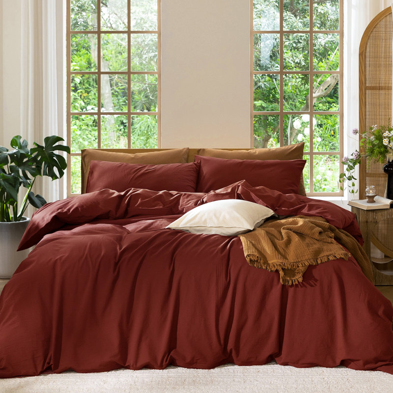 MooMee Duvet Cover Set 100% Washed Cotton Linen Like Textured Lightweight, Queen Duvet Cover + 2 Standard Pillowcases