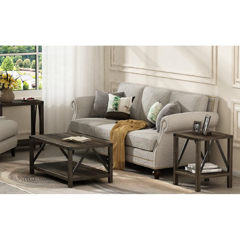 Grey Wash Wood and Metal Farmhouse Side Table Set of 2