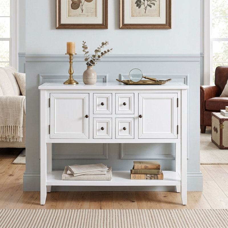 Console avec tiroirs, armoires et tablette inférieure, Blanc