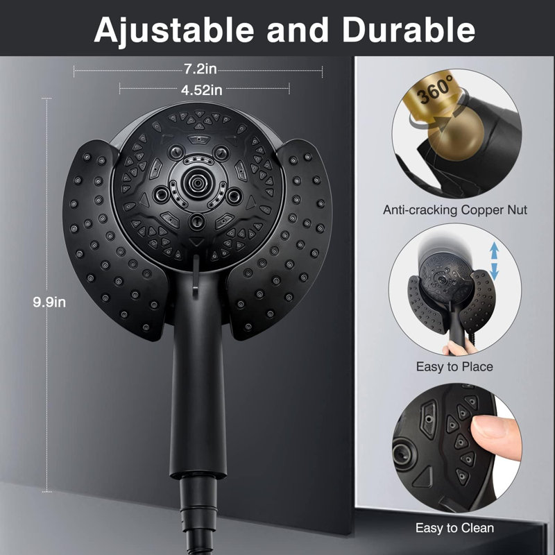 2-In-1 High-Pressure Shower System: 7.2" Rain Showerhead & Handheld Combo With 60" Stainless Steel Hose, Matte Black