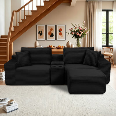 Alhertine Black Modular Corduroy Sofa Couch, Small Sleeper Sofas, Ottoman Storage