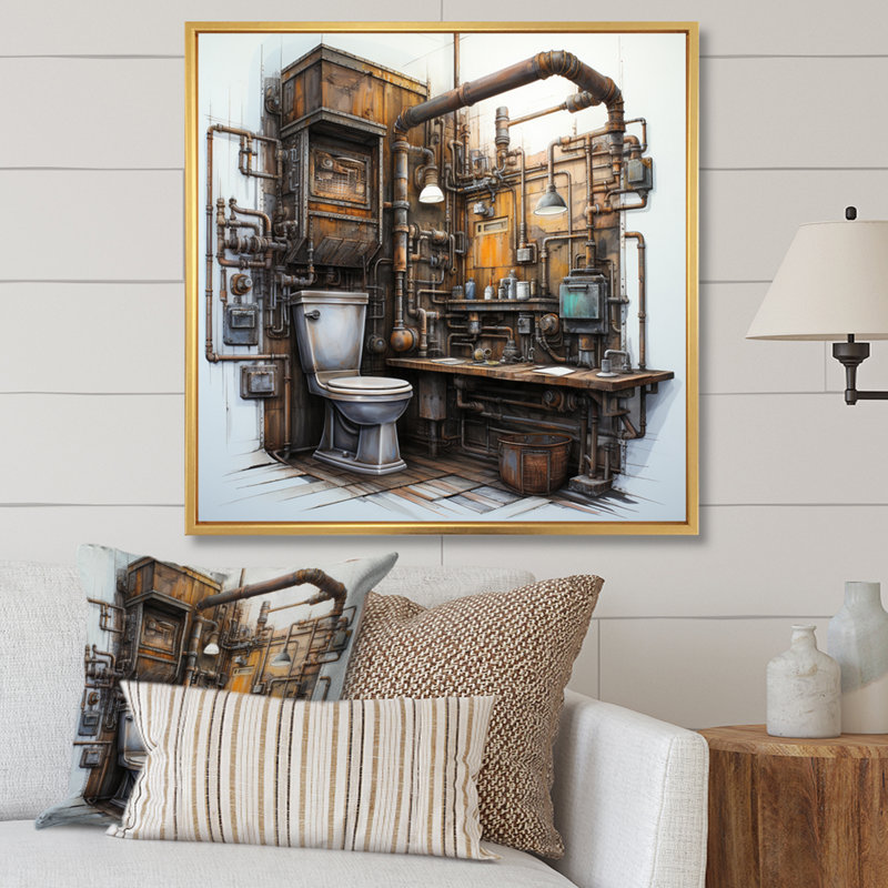 Toilet Industrial Chic Mixed I - Bath & Laundry Canvas Prints, Cadre flottant doré, H 24 po x l 24 po x P 1 po