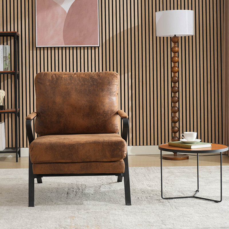 Chaise avec accoudoirs rembourrée de style Mid-Century avec structure en fer et coussin plus épais pour salon, lecture, balcon, brun