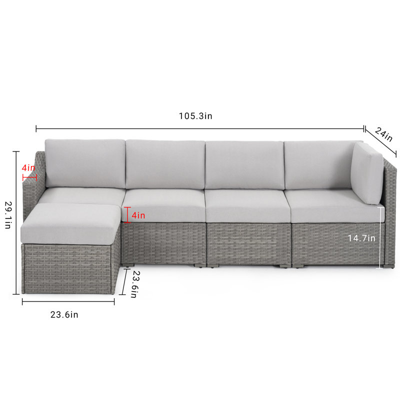 5-Person Modular Patio Conversation Set with Cushions, Beige, Gray